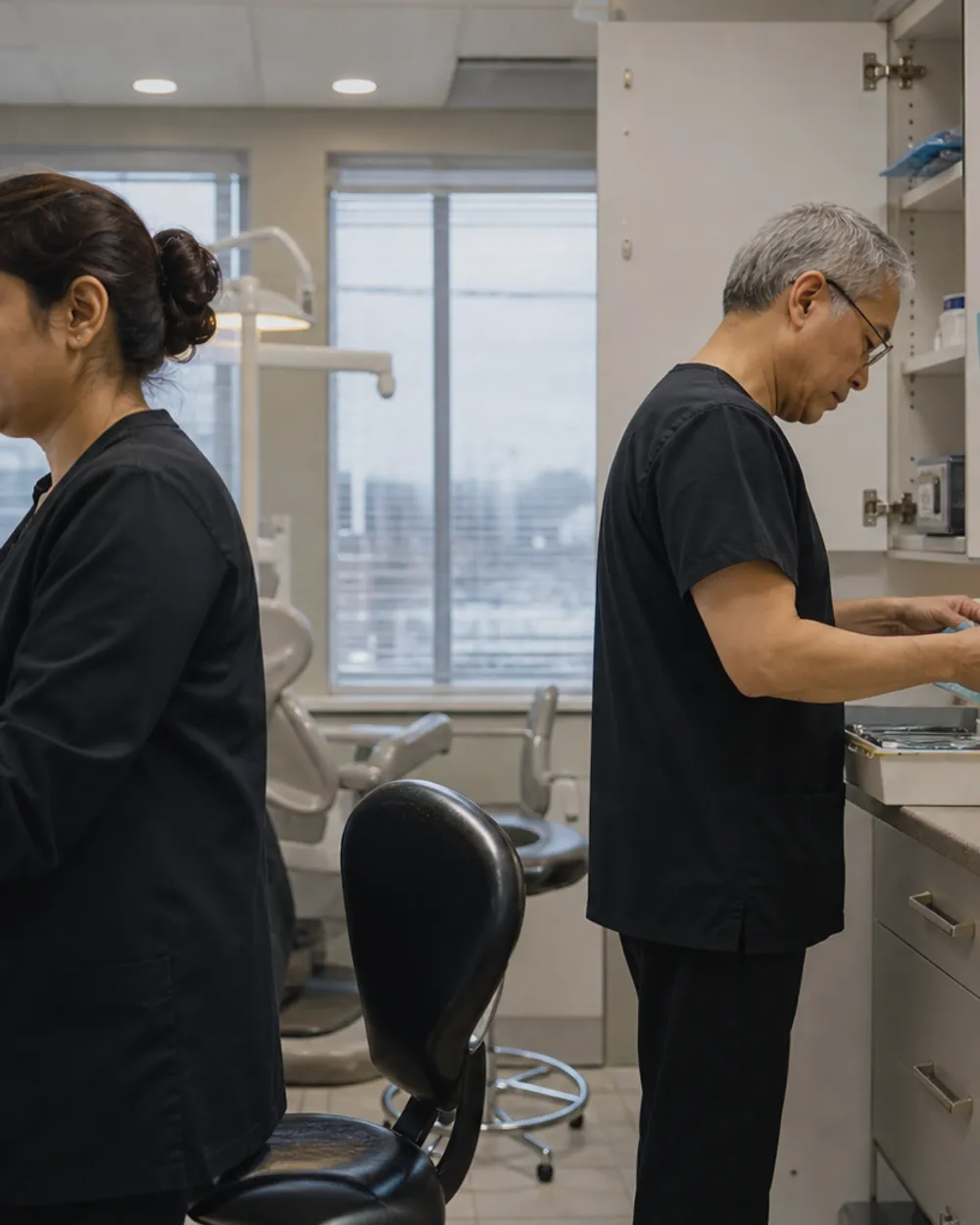 A dental team preparing together in a treatment room