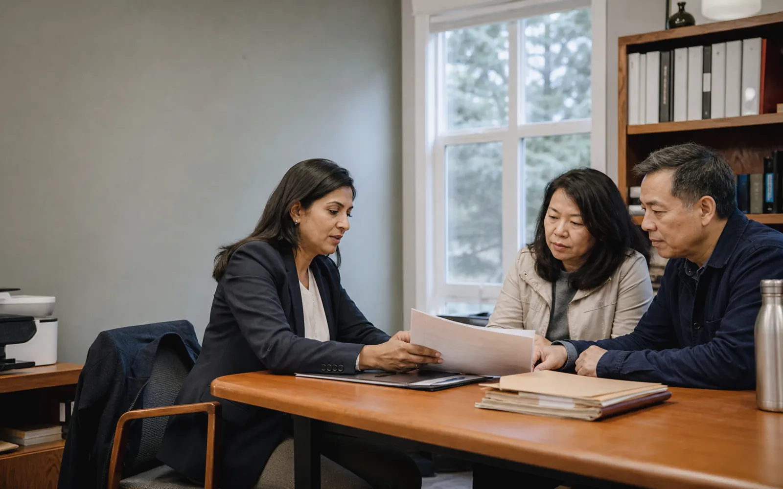 A lawyer meeting with clients in a calm Vancouver office