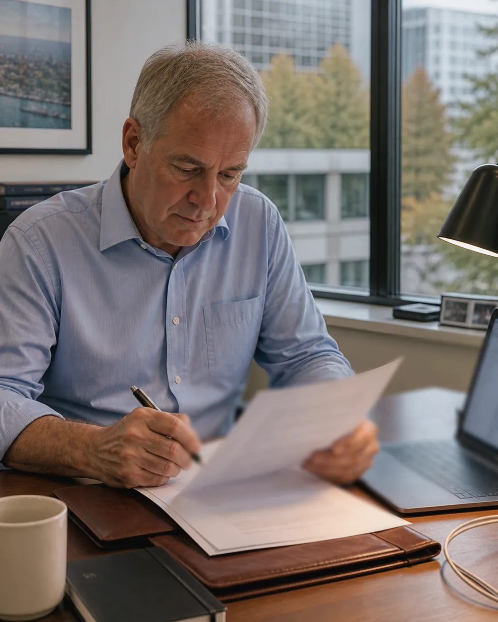 Hands arranging immigration case documents on an office table
