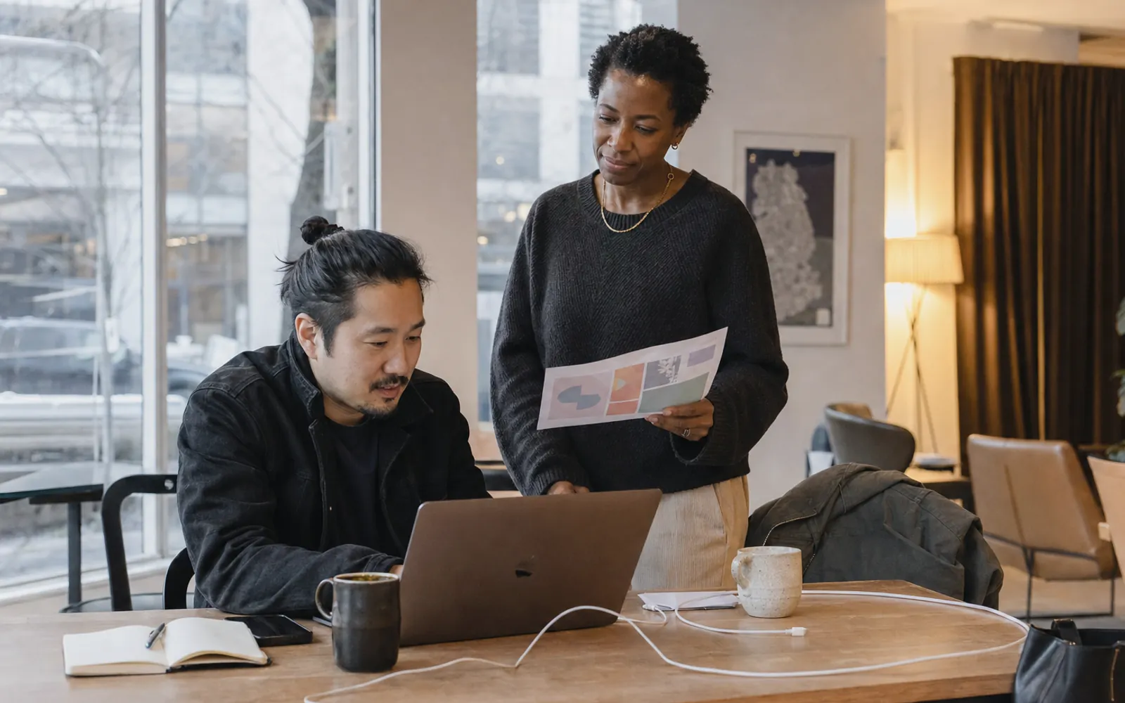A bilingual team reviewing useful local information for a Chinese-market campaign