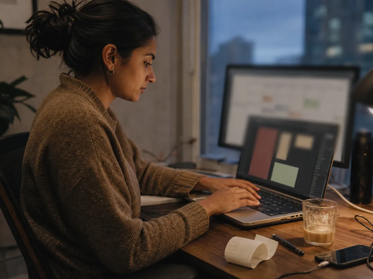 An editor refining social content during an evening work session